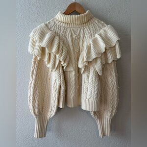 Zara Ivory Ruffle Cable Knit Turtleneck Sweater